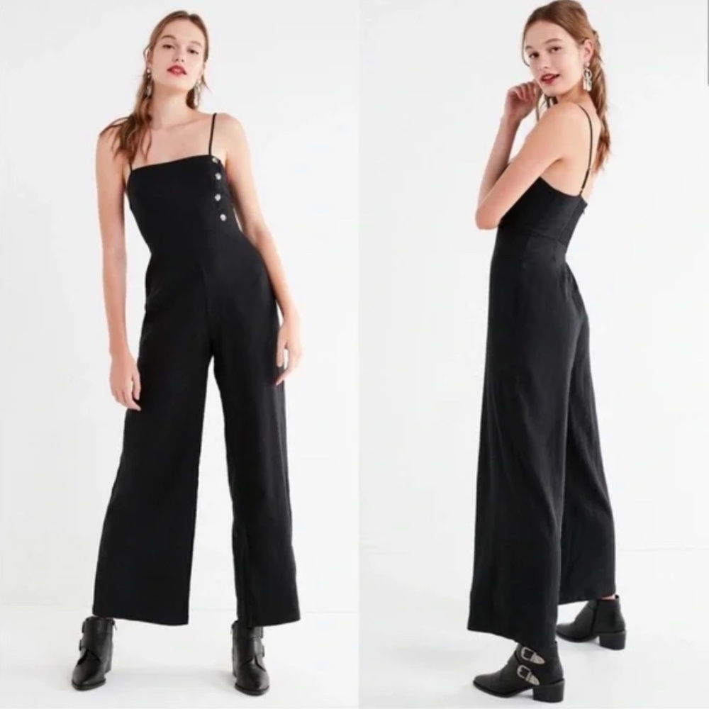 Urban Outfitters Black Straight-Neck Linen Button-Down Jumpsuit